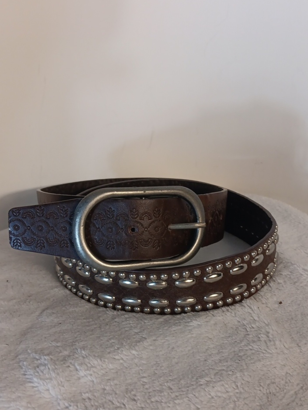 Women’s Brown Studded Leather Belt with Oval Metal Buckle